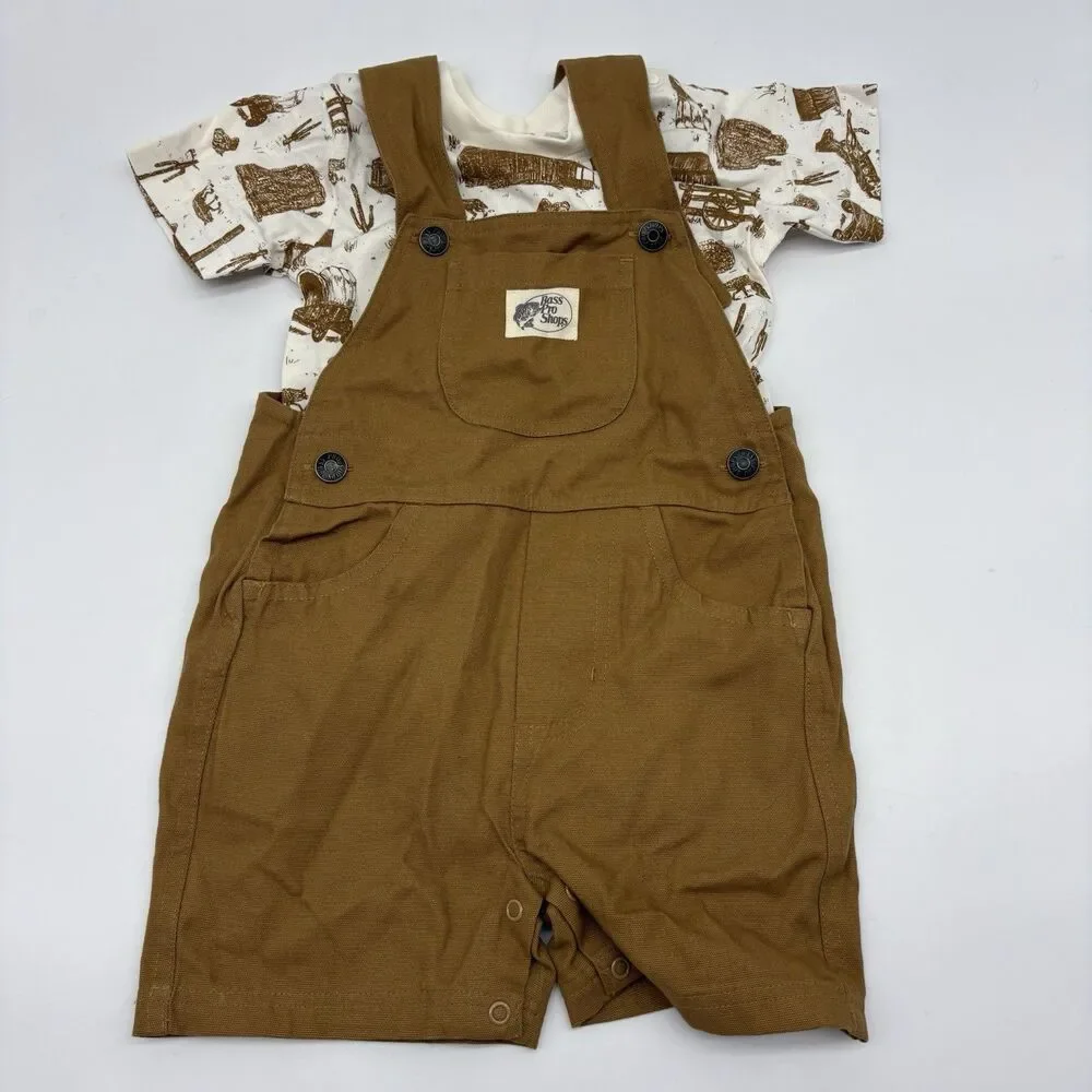 Bass Pro Shops Unisex Baby 9-12M 2pc Western Overall & Graphic Tee Set